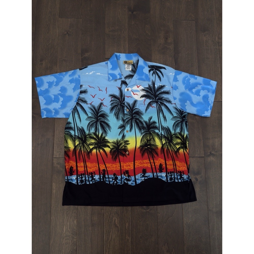 In Gear Fashions Mens Hawaiian Beach Blue Button Down Shirt Size XL Short Sleeve